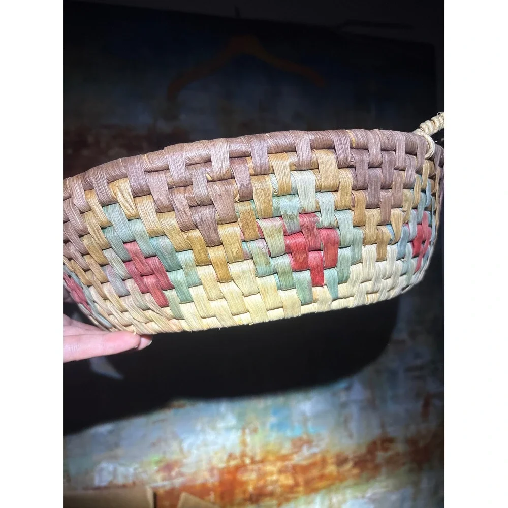 Vintage Handwoven Round Raffia Basket Tray Floral Geometric Pattern with Handles